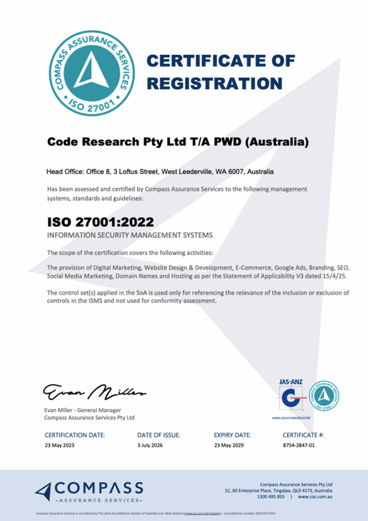 PWD Digital Agency ISO/IEC 27001:2022 certificate