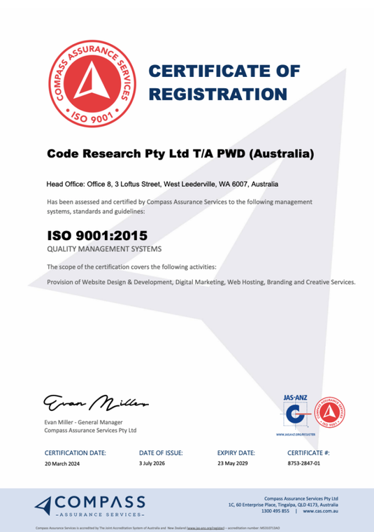 PWD Digital Agency ISO 9001:2015 certificate